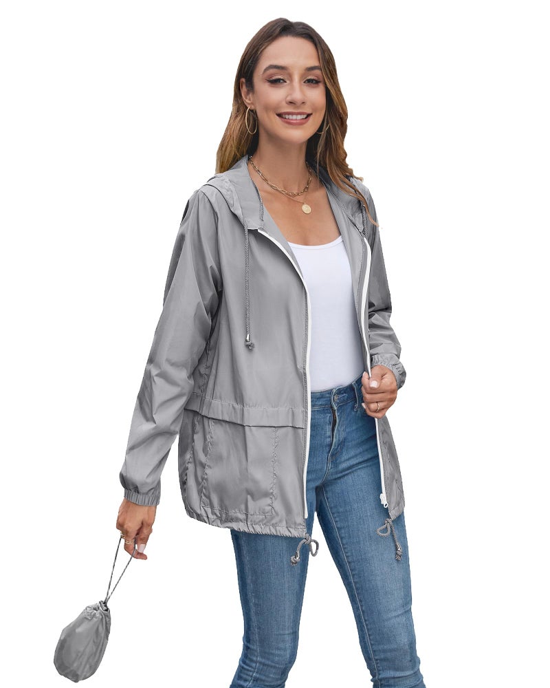 Hount Women's Lightweight Hooded Windbreaker Waterproof Packable Active Outdoor Rain Jacket (L, Gray) - Image 3